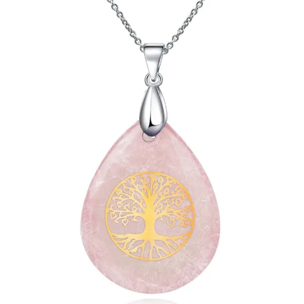 Rose Quartz Tree Of Life Natural Stones Necklace Gemstone Healing Pendant